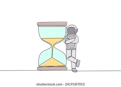 Continuous one line drawing young energetic astronaut lean on giant hourglass. Counting the waiting time for expedition to outer space. Galaxy deep space. Single line draw design vector illustration