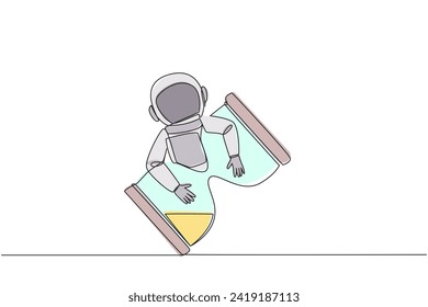 Continuous one line drawing young astronaut hugging hourglass. The exact countdown, the additional crew who want to land on the lunar surface have arrived. Single line draw design vector illustration