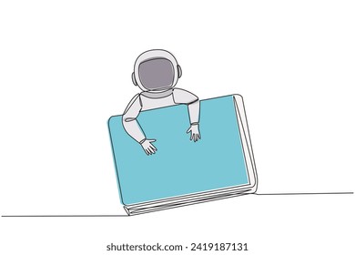Continuous one line drawing young astronaut hugging laptop. Prepare to transmit data needed by team on earth. Processing of water discovery data on moon. Single line draw design vector illustration