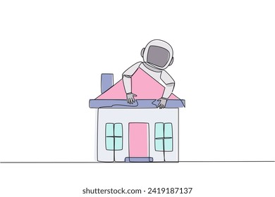 Continuous one line drawing young energetic hugging miniature house. Astronauts want to go home when the mission is over. Miss homeland. Cosmonaut. Cosmic. Single line draw design vector illustration
