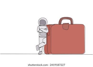 Continuous one line drawing young astronaut lean on big briefcase. Preparing for a long and distant journey to embark on an expedition on the moon surface. Single line draw design vector illustration