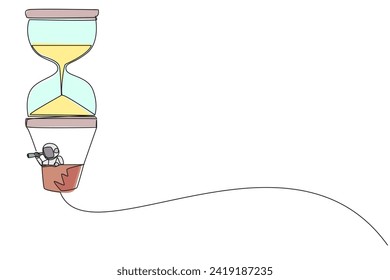 Plano continuo de una línea dibujando a un joven astronauta energético usando monocular, volando con vidrio de globo aerostático. Resaltar la nave espacial. Espacio profundo cósmico. Ilustración vectorial de diseño de líneas simples