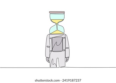 Continuous one line drawing young astronaut with hourglass instead of head, stand facing forward. Helps show the time spent on tracing on the moon surface. Single line draw design vector illustration