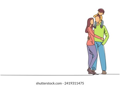 Continuous one line drawing of young woman hug her handsome husband who is holding their little cute son on shoulders hug. Smiling couple with child. Happy family relations. Single line draw  vector