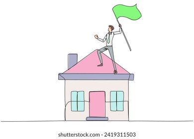 Continuous one line drawing of young businessman standing on miniature house raising flag. Entrepreneurs who are successful in home property deserve an award for his business. Single line draw vector