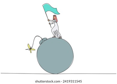 Continuous one line drawing of young Arabian businessman standing on large bomb with a burning fuse raising flag. Business danger near deadline. Time crisis management. Single line draw design vector