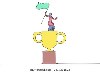 Continuo dibujo de una línea de una joven empresaria árabe parada en un trofeo gigante. Elevar la bandera como victoria para el logro de los negocios. Determinación del concepto de éxito profesional. vector de tracción de línea única