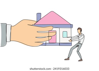 Continuous one line drawing young businessman pulling miniature house which is also pulled by a big hand. Failed to pay the mortgage so that it can be withdrawn by bank. Single line draw design vector