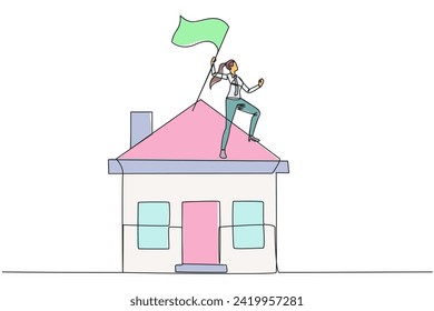 Continuous one line drawing young businesswoman standing on miniature house raising flag. Entrepreneurs who are successful in home property deserve an award for her business. Single line draw vector