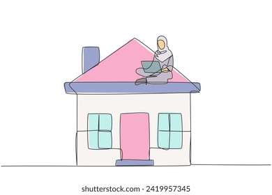 Continuous one line drawing of young Arabian businesswoman sitting on miniature house while working at computer laptop. House rental business. Great passive income. Good future life. Single line draw