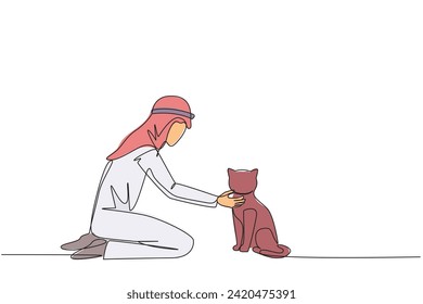 Continuous one line drawing of young energetic Arabian man hugging little cat. While kneeling, he put his cute cat on the floor while feeding. Animal lover. Single line draw design vector illustration