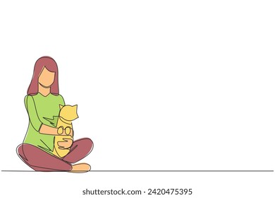 Continuous one line drawing of young beautiful woman sitting cross-legged hugging a little cat. Caring for his favorite pet cat with great joy. Animal lovers. Single line design vector illustration