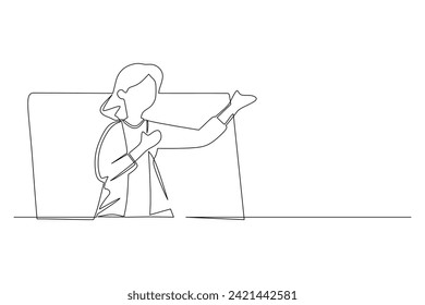 Continuous one line drawing young woman coming out of monitor screen . invite people offering product with discounts or sale. Marketing concept. Single line draw design vector graphic illustration