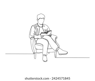 Continuous one line drawing of young man reading book on the armchair. A man reading book on the chair single outline vector illustration. Editable stroke.