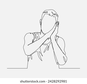 continuous one line drawing of young man in undershirt holding folded hands near his face. concept of sleepy, tired, rest, expression. editable stroke. isolated background vector design.