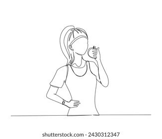 Continuous one line drawing of young woman holding apple. Lady eating apple for health single outline vector illustration. Editable stroke.