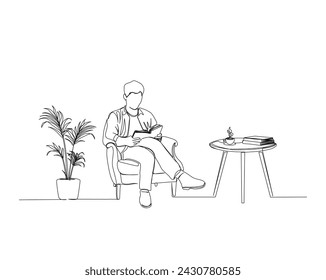 Continuous one line drawing of young man reading book on the armchair. A man reading book, palm plant, table, coffee in  single outline vector illustration. Editable stroke.