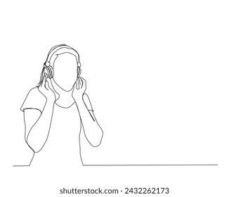 Continuous one line drawing of young woman wearing headphones. Woman DJ wearing earphone single outline vector illustration. Music concept. Editable stroke.