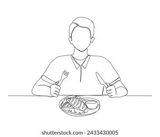 Continuous one line drawing of young man holding knife and fork. Man eating steak in simple outline illustration. Editable stroke.