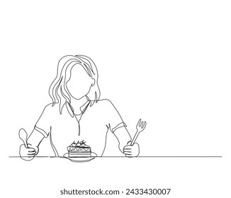 Continuous one line drawing of young woman holding knife and fork. Pretty girl eating sliced cake in simple outline illustration. Editable stroke.