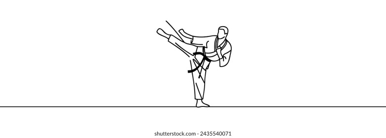 Continuous one line drawing of a young man, a karateka in a kimono, practicing karate fighting. One line. Vector illustration.