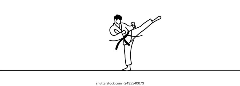 Continuous one line drawing of a young man, a karateka in a kimono, practicing karate fighting. One line. Vector illustration.