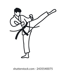 Continuous one line drawing of a young man, a karateka in a kimono, practicing karate fighting. One line. Vector illustration.