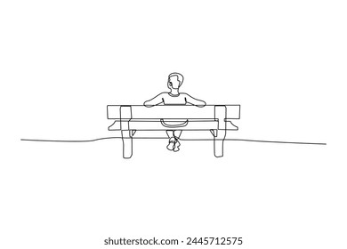 Continuous one line drawing of young man sitting relaxed in a public park. Natural ecology park logo hand drawn minimalist concept. Modern single line draw design vector graphic illustration