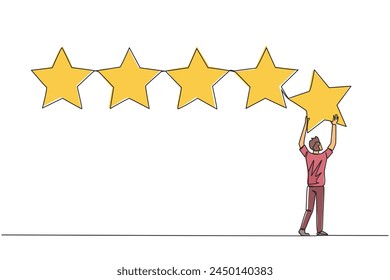 Continuous one line drawing young man stood holding up a star with both hands and pasting it up to make 5 stars in a row. Give the best review. Online shop. Single line draw design vector illustration