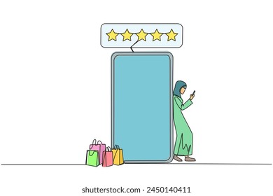 Continuous one line drawing young happy Arabian woman leaning on giant smartphone while typing on smartphone. Concept of online shop. Review five gold star. Single line draw design vector illustration