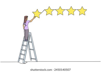 Continuous one line drawing young energetic happy woman climbs ladder carry 1 star, making it 5 stars in a row. Give very good recommendation to the seller. Single line draw design vector illustration