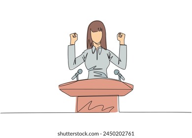Continuous one line drawing young businesswoman speaking at the podium while raising and clenching both hands. Styled like a politician seeking votes. Single line draw design vector illustration