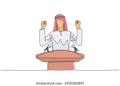 Continuous one line drawing young Arabian businessman speaking at the podium while raising and clenching both hands. Styled like a politician seeking votes. Single line draw design vector illustration
