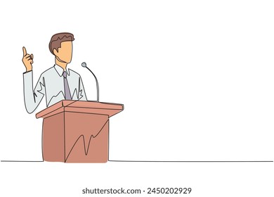 Continuous one line drawing young businessman speaking at the podium while giving gesture of lifting one finger up. Inspirational speech. Conference stage. Single line draw design vector illustration