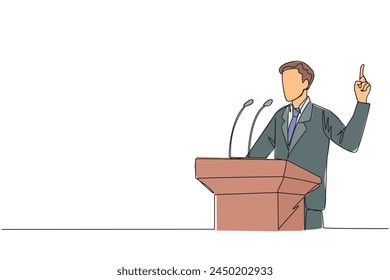 Continuous one line drawing young energetic businessman speaking at the podium while lifting index finger up. He made a favorable statement for the company. Single line draw design vector illustration