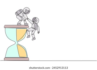 Continuous one line drawing young astronaut helps colleague climb big hourglass. Have many assignment deadlines. Sharing with colleague will become easier. Single line draw design vector illustration