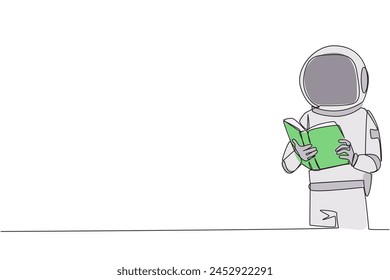 Continuous one line drawing young energetic astronaut focus on reading. Try to find answer to tasks given. Seek more knowledge. Reading increases insight. Single line draw design vector illustration