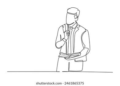 Continuous one line drawing young manager standing and looking up far away and thinking business strategy at the office. Business planning concept. Single line draw design vector graphic illustration