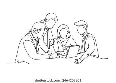 Continuous one line drawing young business man and business woman discussing project learning data graph on laptop screen. Business meeting concept. Single line draw design vector graphic illustration