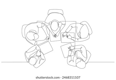 Continuous one line drawing of young businesspeople discussing about project progress from top view, business meeting and discussion concept, single line art.