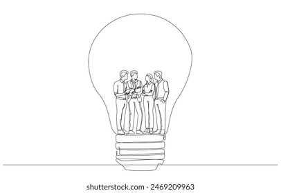 Continuous one line drawing of young businesspeople discussing work inside big light bulb, working under same organizational attitude concept, single line art.