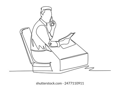 Continuous one line drawing of young manager read company annual report and match it with data at computer while receive phone call. Company audit. Single line draw design vector graphic illustration