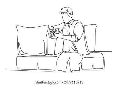 Continuous one line drawing of young relax business man sitting on sofa while typing message text to staff on smart phone. Business call direction. Single line draw design vector graphic illustration