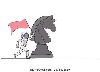 Continuous one line drawing young energetic astronaut running and holding flag beside big horse knight chess. Business achievement goal, metaphor concept. Single line draw design vector illustration