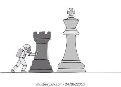 Continuous one line drawing young energetic astronaut push huge rook chess piece. Business strategy and marketing plan. Strategic move in business concept. Single line draw design vector illustration