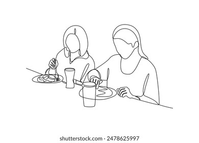 Continuo una línea que dibuja la cena de la mujer joven con su amigo. Familia comiendo alrededor de la mesa de la cocina juntos. Concepto minimalista de la cena. Ilustración gráfica de Vector de diseño de línea simple