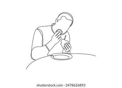 Continuous one line drawing young man having dinner alone. Family having meal around kitchen table together. Dinner minimalist concept. Single line draw design vector graphic illustration