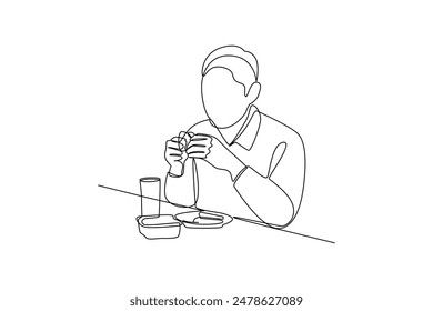 Continuous one line drawing young man having dinner alone. Family having meal around kitchen table together. Dinner minimalist concept. Single line draw design vector graphic illustration