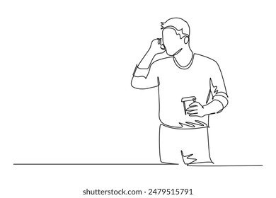 Continuous one line drawing young business man holding cup of coffee while talking with his marketing staff on phone call discussing sales report. Single line draw design vector graphic illustration