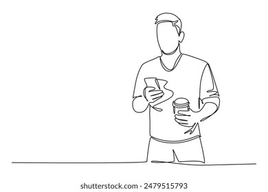 Dibujo continuo de una línea de un joven macho activo escribiendo un mensaje de chat en un teléfono inteligente a su socio mientras sostiene una taza de té. Negocio. Ilustración gráfica de Vector de diseño de línea simple